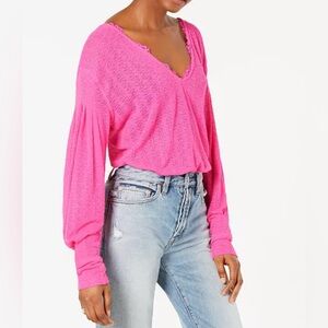 Free People Dream Girl V-Neck Bishop-Sleeve Pink Sweater Top